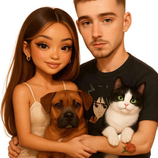 luxury Bratz-inspired glossy baddie meets anime romance aesthetic, soft airbrushed skin, dreamy glam, creamy glow, crisp edges, glossy finish, petite 5’1 girl with warm-soft-autumn tone, oval doll face, small honey brown almond eyes, subtle freckles, warm toasty glam makeup, 3 piercing gold hoop earrings, flutter lashes, glossy nude lips, sweet princess smile, long straight brunette with honey blonde highlights, long layers and curved ends, soft nose and slightly full lips, skinny but short softly fleshy arms, non-defined collarbones, wearing a cream cami with bow on the top trim and curled ruffled at the bottom sitting with tall 6’ slender young man, early-mid 20s look, rectangular long face shape, widest point is the forehead, tapered jaw, pointed chin, straight medium-width nose with soft rounded tip, high but soft cheekbones, slightly hollow cheeks, light green eyes, almond eyes with slight downturned outer corners, gentle tired soft under-eye fullness, medium thick straight brows with soft angle, neutral-warm light skin tone, subtle pink flush, medium fullness lips with fuller lower lip, natural pink lips, fluffy thick classic goatee at chin dirty-blonde ash brown hair, textured crop haircut, tight low fade, textured top brushed slightly forward, neat gel texture, youthful masculine vibe, serious expression wearing naruto sasuke graphic black tee, colored rose tattoo with long stem on forearm only, full arm visible no fading. we’re both wearing matching grey sweatpants. he’s wearing navy blue slippers, I’m wearing cream furry slippers. pose: hugging, soft love vibe, holding reddish-brown boxer-pitbull mix with black muzzle with one floppy ear and one perked and a chubby soft black and white cat with bright green eyes. warm cinematic glow, glossy glam finish, crisp detail, cute romantic aura crisp texture