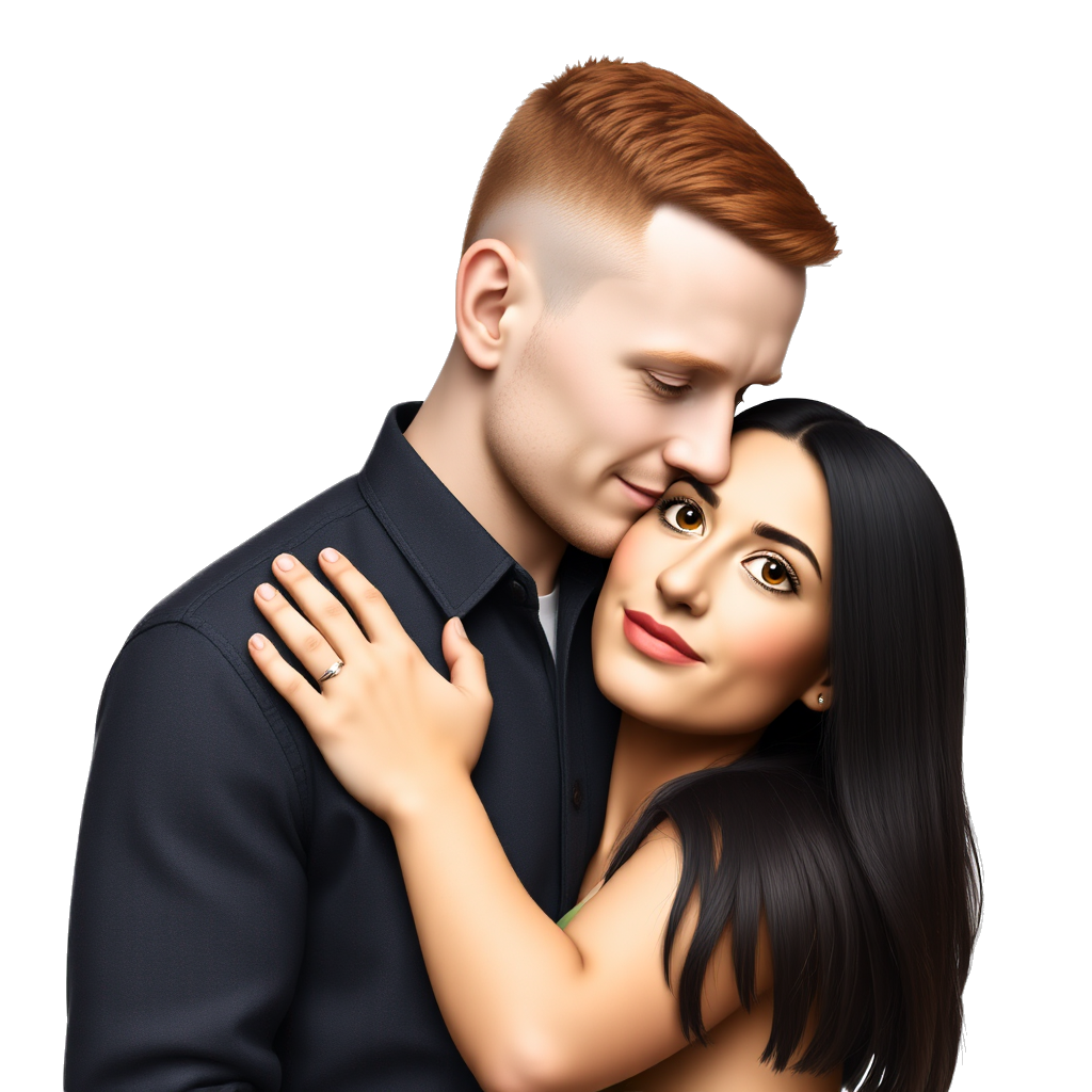 A Couple hugging each other. the man has a ginger buzzcut and the Woman has Long black hair and a septum Piercing