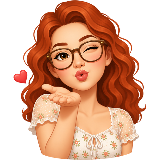 light skin woman with wavy red hair and glasses wearing a summer illusion top short sleeves blowing a kiss