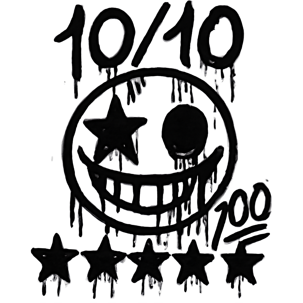 Abstractly dark, edgy, funky, macabre, gritty, lurid rating for a “10/10 Star Rating” or “Perfect 🤩💯”. Dripping blood. Graffiti funky grunge