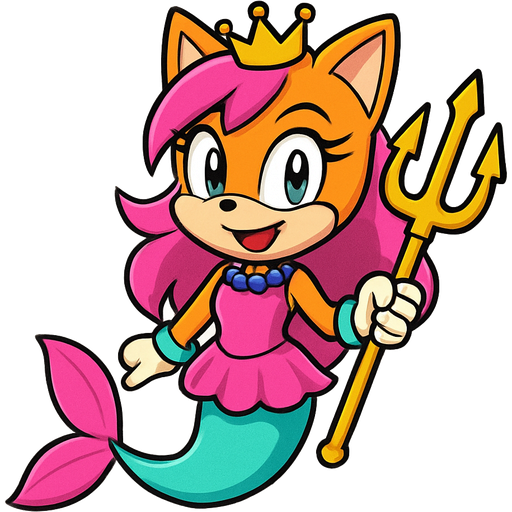 orange cat vixen hybrid smiling with pink hair green eyes golden crown with light purple necklace light cyan braclets pink dress with pink skirt attached to cyan mermaid tail with pink tail fins holding a golden trident sonic x version emoji, artistic style