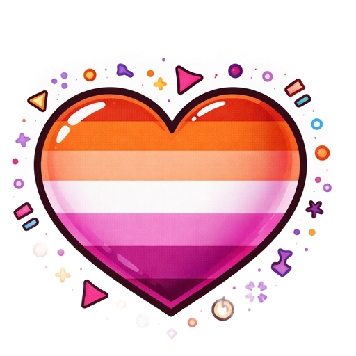 A classic heart emoji with the lesbian flag palette, which consists of these colors in this order: dark orange-red, orange, white, pink, purpleish-pink, dark magenta