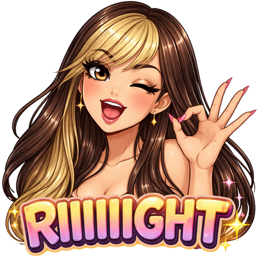 Really pretty girl with long in eyelashes, super long dark brown hair with blonde side swept bangs, making a sarcastic expression with wide eyes like yeah OK with a big smile well also mouthing the drawn out word RIIIIIIGHT , over dramatically winking one eye, and holding up the OK sign with her hand that has long stiletto fingernails