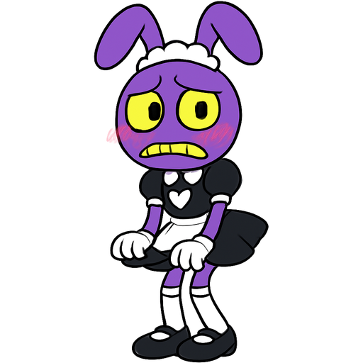 A purple tall 6’2 inches tall lanky bunny with a horizontally wide oval shaped head with a big frown with yellow teeth he lacks a nose and he has yellow sclera big eyes with black square pupils with a sharp black eyeliner with a white maid headband and a black and white maid dress with a white collar on his neck with an apron and a short skirt with white gloves with a heart cut out near his chest and white long stockings with black lines on the top and black Mary-Janes shoes with black bow ties on it with an embarrassed expression on his face as he blushes hiding his skirt