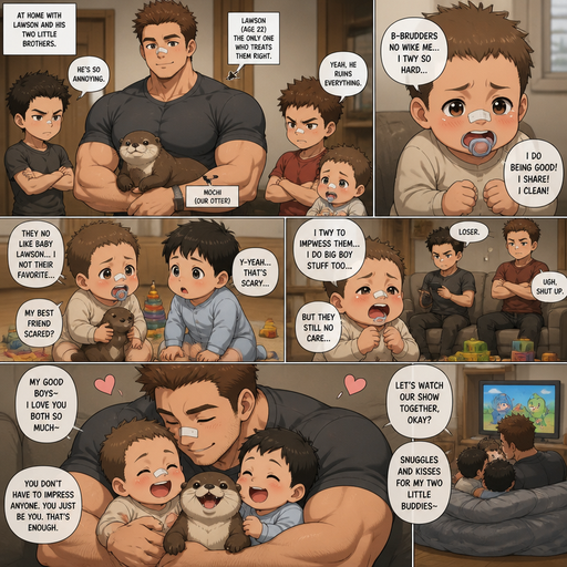 A DETAILED AND LIFELIKE and detailed anime Comic Book story view of a Bulky but Muscular ANIME Cute Bara Man With Peach toned skin Who looks Normal aind round facial Structure and Basic facial structure With Puffy and Big Pecs that are visible through the shirt and Biceps and Bandaid on his nose and Brown short hair that makes them look tough. Wearing normal With his pet Grown and healthy realistic otter and 2 little brothers that despises the baby and the baby knows and baby that are in different ages but young. At the house, the baby is with his best friend baby on a play date and the baby tells the baby‘s best friend that he isn’t favored by the brothers and the baby‘s best friend is scared and the brother‘s hate the baby. And the baby guys to impress the other brothers but the only brother that Lawson was the big one. And cries, and and speaks grammatically incorrect. and the big brother has so much fun with the babies and watches their show with them and cuddles and kisses both of them