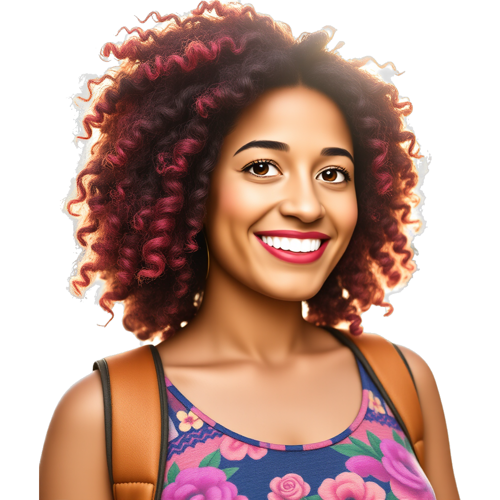 "Latino woman with curly hair, vibrant colors, soft sunlight, urban backdrop, joyful expression, capturing cultural beauty and youth."
