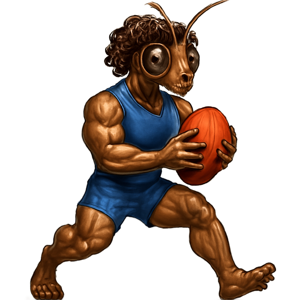 Brown Praying mantis with muscles & curly brown hair wearing a blue guernsey & shorts, playing Australian rules football