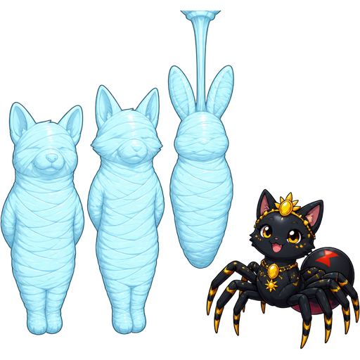 wrapped up and mummified fully covered in a #B8FFFF spider slik cocoon shaped like anthro corgi arms behind back and legs together with #B8FFFF spider slik wrappings completely covered with thick layers non-transparent #B8FFFF spider slik wrappings on the wall next to wrapped up and mummified fully covered in a #B8FFFF spider slik cocoon shaped like anthro fox arms behind back with #B8FFFF spider slik wrappings completely covered with thick layers non-transparent #B8FFFF spider slik wrappings next to wrapped up and mummified fully covered in a #B8FFFF spider slik cocoon shaped like anthro rabbit hanged with #B8FFFF spider slik wrappings completely covered with thick layers non-transparent #B8FFFF spider slik wrappings on the ceiling next to a happy black widow spider cat drider hybrid jewelpet sunshine version