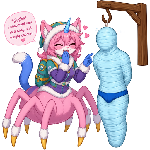 happy anthro femboy pink cat drider with blue and white tail white wrists blue hands white ankles yellow tips on spider legs green collar blue unicorn horn wearing everest's hat clothing with backpack *giggles* I cocooned you in a cozy and snugly cocoon next to wrapped up and mummified fully covered in a #B8FFFF spider slik cocoon shaped like boy in blue underwear arms behind back with #B8FFFF spider slik wrappings completely covered with thick layers non-transparent #B8FFFF spider slik wrappings Mmmmph! hanged to the wooden hook