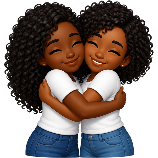 Two friends hugging and they both have curly hair and they black girl and there wearing a white shirt and jeans