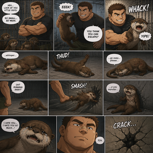 A DETAILED AND LIFELIKE ANIME Comic Book story view of a Bulky but Muscular ANIME Cute Bara Man With Peach toned skin Who looks Normal aind round facial Structure and Basic facial structure With Puffy and Big Pecs that are visible through the shirt and Biceps and Bandaid on his nose and Brown short hair that makes them look tough. Wearing normal A Few otters in a cage. and the otters excessively got bullied by him. Lays on its side and whimpers. And then later the otter flies to the floor. and lays there and tries to Limps away but is Stopped and Flies To the Wall and Lay‘s there and in a weak voice gets mad at him and he Cries but then something cracks