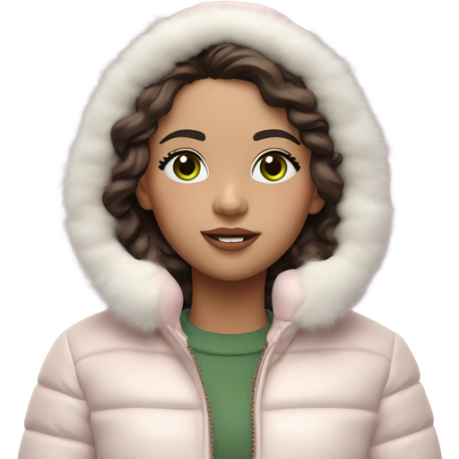 I would like an emoji inspired high resolution 3d sculpted image of a teenage girl who is described as follows. Had DARK DARK BROWN hair. Light medium skin tone, has natural green eyes. And is wearing a white puffer jacket with fluffy white ear muffs. For makeup she is wearing blush, light pink lip gloss and brown eyeliner.