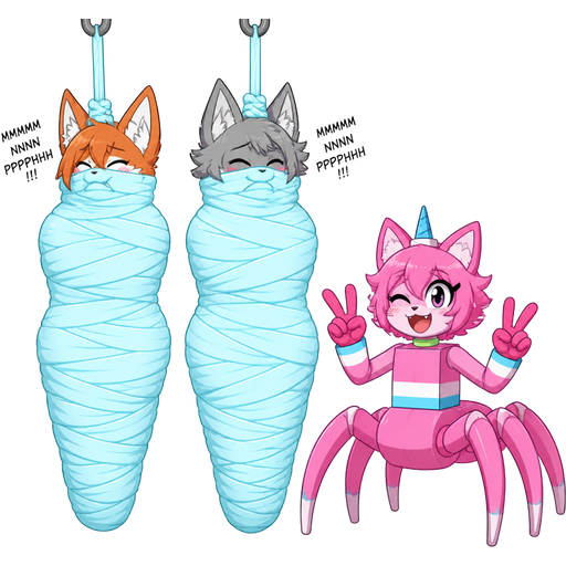 wrapped up and mummified fully covered in a #B8FFFF spider slik cocoon shaped like anthro female fox anthro arms behind back with #B8FFFF spider slik wrappings completely covered with thick layers non-transparent #B8FFFF spider slik wrappings hanged to the ceiling MMMMMNNNPPPHHH!!! on the left side next to wrapped up and mummified fully covered in a #B8FFFF spider slik cocoon shaped like anthro female wolf anthro arms behind back with #B8FFFF spider slik wrappings completely covered with thick layers non-transparent #B8FFFF spider slik wrappings hanged to the ceiling MMMMMNNNPPPHHH!!! on the left side next to happy anthro femboy pink cat drider doing victory sign based on unikitty
