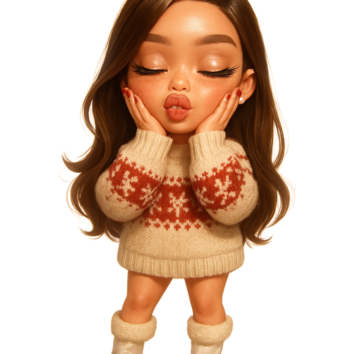 sleek cartoon luxury glam, mini plush Bratz-doll aesthetic, cinematic glow, crisp clean detail, glossy glam skin. brown eyed skinny Petite girl, fair skin with soft freckles, wide face with tall forehead, honey-brown almond wide-set upturned eyes, fluttery lashes, shimmer highlight, plush lips, bottom heavy lip, sweet Belle-princess vibe, medium-long brunette hair with visible caramel highlights, hair sleek and wavy side part blowout. softly defined feminine body, soft hourglass shape with full round bust, thick soft red and cream snowflake stripe minimalist oversized knit sweater with slouched silhouette. white leather heeled boots with fur trim. peachy-pink blush with shimmer highlight, glossy nude-rose lips, sleek red almond nails. hands on cheeks, puckering and shut eyes. full body showing. Cozy romantic glow, soft warm lighting, pop-princess energy