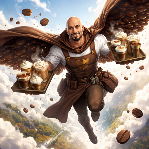 A superhero coffee barista, flying with a coffee bean type Cape, and loads of coffee ready to share. He has Bald head, and a goatee.