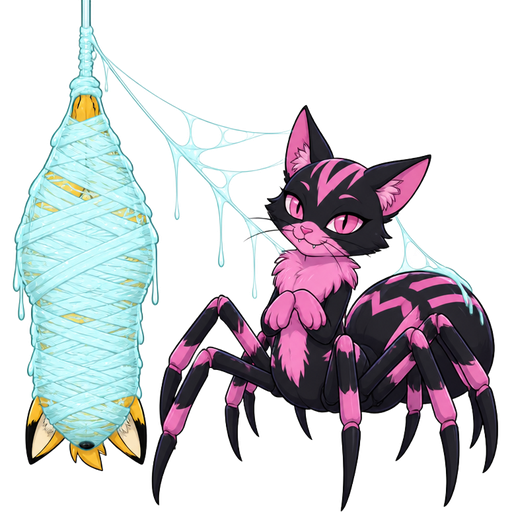 #B8FFFF spider slik cocoon #B8FFFF mummified completely covered yellow fox hanged upside down covered with #B8FFFF thin coat of #B8FFFF spider webs and covered with thick layer of #B8FFFF spider slik webbing next to pink and black cat drider hybrid