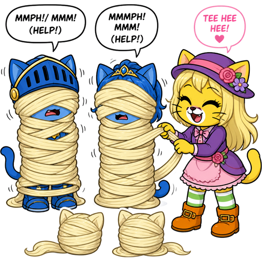 blue knight boy cat furry and blue knight girl furry getting quickly wrapped up mummified by furry yellow cat anthro with purple eyes light blonde hair purple and pink florist hat and purple florist outfit green and white socks orange boots with buckles light pink skirt with light blonde hair 2 light blonde hair mummies shaped like blue knight boy cat furry lets out a muffled moans for help blue knight girl cat furry lets out at muffled moans for help completely covered with light blonde hair mummy then furry yellow cat anthro with purple eyes light blonde hair purple and pink florist hat and purple florist outfit green and white socks orange boots with buckles light pink skirt lets out an adorable giggling cartoon comic happy tree friends version