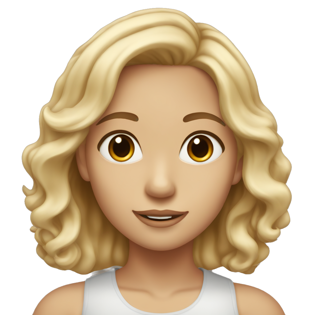 A girl with short wavy hair. With dark blond hair roots and on the bodom blond hair. Brown eyes and light skin color.