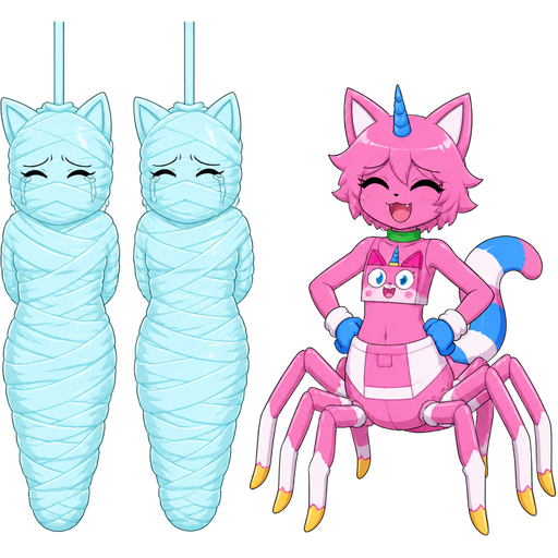 wrapped up and mummified fully covered in a #B8FFFF spider slik cocoon shaped like anthro cat girl anthro whimper arms behind back with #B8FFFF spider slik wrappings completely covered with thick layers non-transparent #B8FFFF spider slik wrappings hanged to the ceiling on the left side next to wrapped up and mummified fully covered in a #B8FFFF spider slik cocoon shaped like anthro cat girl anthro whimper arms behind back with #B8FFFF spider slik wrappings completely covered with thick layers non-transparent #B8FFFF spider slik wrappings hanged to the ceiling the left side next to happy anthro femboy pink cat drider with blue and white tail white wrists blue hands white ankles yellow tips on spider legs green collar blue unicorn horn wearing femboy clothing based on unikitty