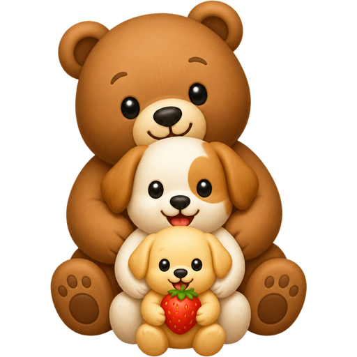 A cute bear holding a cute little dog and the dog holding a cute puppy and the puppy is holding a cute strawberry
