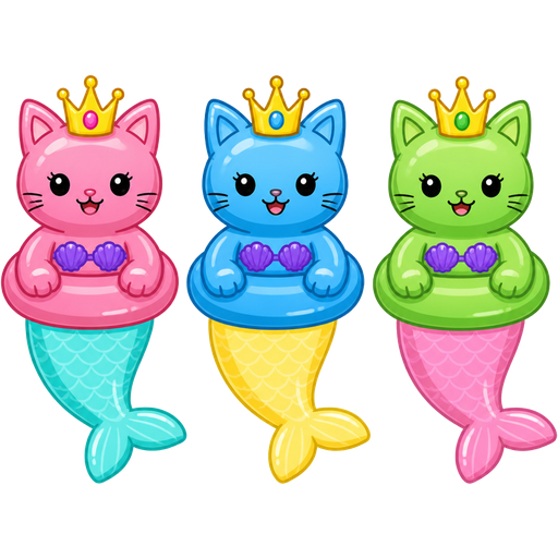 rubber pooltoy pink cat princess with a rubber pooltoy long light cyan mermaid tail rubber pooltoy blue cat princess with a rubber pooltoy long light yellow mermaid tail rubber pooltoy green cat princess with a rubber pooltoy long light pink mermaid tail clipart