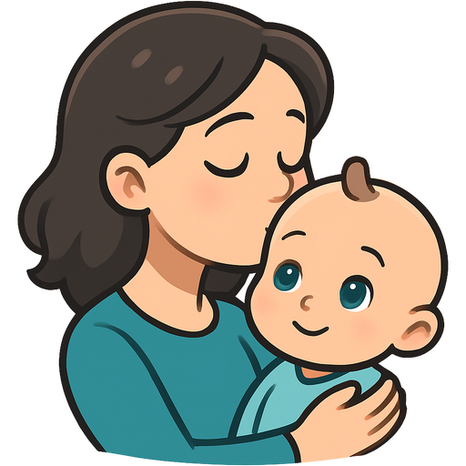 mom kissing baby’s head, beige-light skin, dark hair, gray-blue eyes, emotional loving expression, baby beige-light skin, blue-green palette, soft sparkles