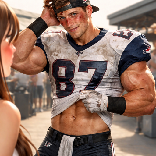 A Real Life Full Body Image of a Hunky and Muscular, Handsome and Masculine Football Player with Brown Spiked hair and Blue eyes and with Chunky Arms and Pecs and Very Stocky Body. Wearing a Football Jersey and Backwards hat with a Logo. Blushing hard with a Sunburn under his eyes. Tussling his hair at a Customer making her Blush with cuts and Bruises all over his face. Scratching something under his shirt