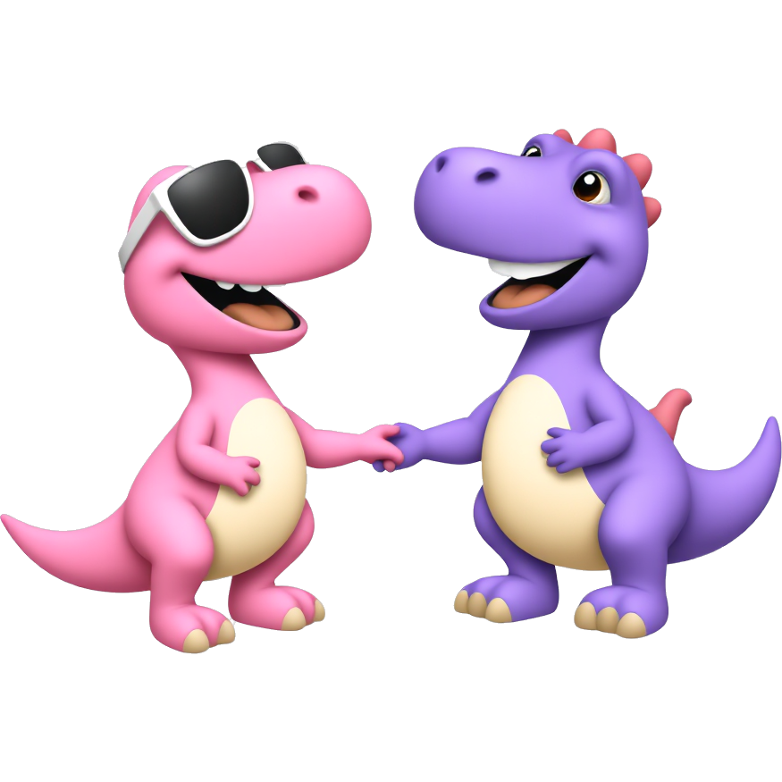 Pink Dino with white sun glasses with a big happy smile holding hands with a purple Dino with the same happy smile
