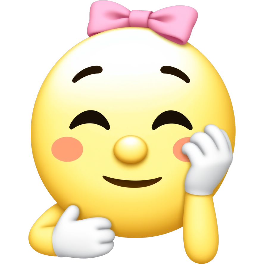 blushing emoji looking down smirking with a hand tucking imaginary hand behind its ear and the pink bow on the right looking shy