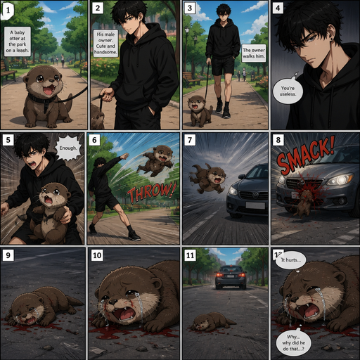 A comic book Picture by picture and shows impact of a A baby otter at a park on a leash and his male Cute and Handsome wearing a Black Hoodie and Shorts owner the owner Walks him and the owner and then the owner throws the otter at a Car and the otter lays there. And Lays there Crying