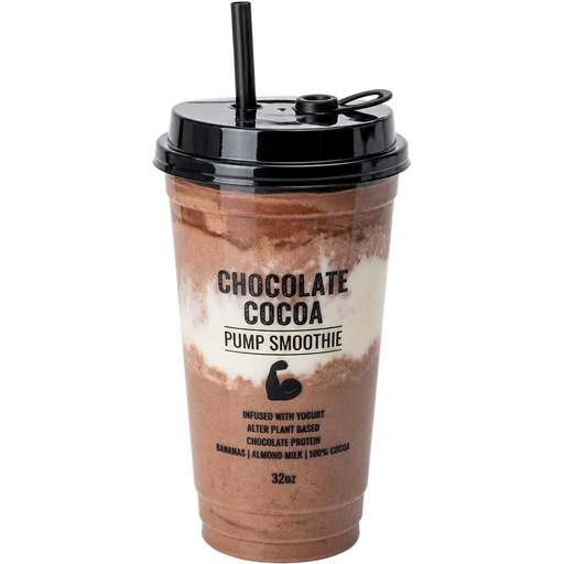 Chocolate Cocoa Pump Smoothie with a 32oz PP Injection Cup and a Premium Plastic PP Black Lid with an Attached Stopper including a Straw on Top of It Infused with Yogurt Blended with Alter Plant Based Chocolate Protein, Bananas, Almond Milk and 100 % Cocoa and it’s Chocolate Cocoa with a Beige White in the Middle