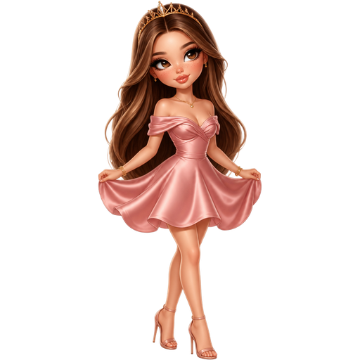 semi-realistic soft cartoon luxury glam, mini plush Bratz-doll aesthetic, cinematic glow, crisp clean detail, glossy glam skin. brown eyed Petite 5ft girl, fair skin with soft freckles, wide face with tall forehead, honey-brown almond wide-set upturned eyes, fluttery lashes, shimmer highlight, plush lips, bottom heavy lip, sweet Belle-princess vibe, long straight brunette hair with visible caramel highlights, wearing a flirty rose-pink off-shoulder satin mini dress with draped bodice details and a tiny gold crown headband, nude-pink heels, delicate gold jewelry, hair in long voluminous waves, holding the sides of her skirt while turning slightly with a dreamy princess smile