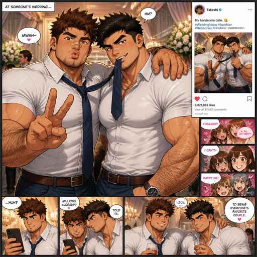 A REALISTIC AND LIFELIKE Comic Book long Story of a Bulky but Muscular ANIME Cute Bara Man With Peach toned skin Who looks Normal and a huge and Masculine round facial Structure and Basic facial structure With Puffy and Big Pecs that are visible through the shirt and Biceps and Bandaid on his nose and Brown Spiky hair and His Hair Curls At the tip of strands. Wearing a tucked in white button up shirt and his abs are lean so you CAN‘T see them through the shirt AND Jeans with a Tie and has a Hairy body. And has huge Hands and Massive arms and looks HOT with his friend (that looks like him but Black instead of brown hair and Has A Chain on and is also Peachy skin). at a someone‘s wedding, he makes kissy faces and his Friend has his own tie in his Mouth with a raised eyebrow and Looks irresistible and Flirty and and take a picture and posting it and Get millions hearts with girls