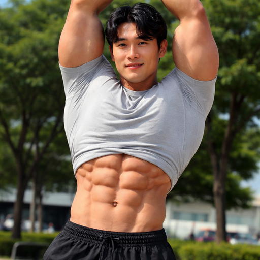 A Real life Full Body Image of a Hunky and Muscular, Cute, Handsome and Masculine and Round faced Korean with Black Parted Side hair and Brown eyes and with Chunky Arms and Pecs and Very Stocky Body with 8 Pack Abs. Wearing A Tight Athletic Shirt that is short around the waist. Sunburned under his eyes. Stretching with his arms pointing up