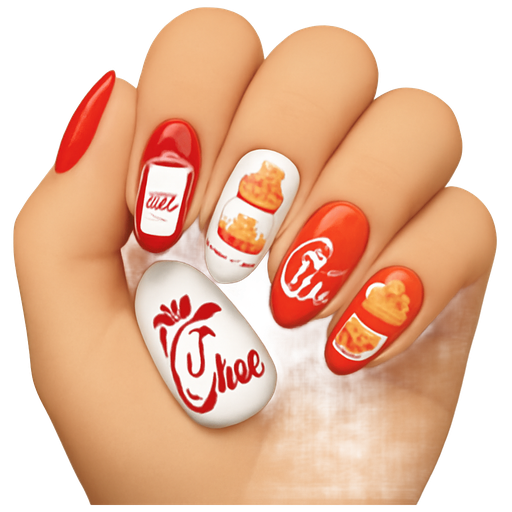 make nails with a red base then the chick-fil-a logo on some of the nails and also do chick fila drinks and nuggets and fries and sauce
