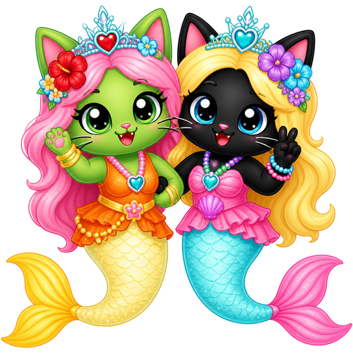 green cat with light pink hair red and flower light cyan crown pink and blue necklace golden and golden bracelets orange dress attached to long light yellow mermaid tail with yellow tail fins next to black cat with light yellow hair purple and blue flowers light cyan crown purple and green necklace pink and blue bracelets pink dress attached to long light cyan mermaid tail with pink tail fins (unikitty!)