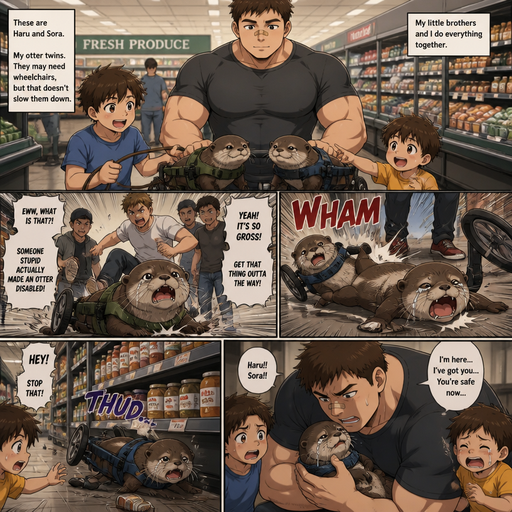 A DETAILED AND LIFELIKE ANIME Comic Book story view of a Bulky but Muscular ANIME Cute Bara Man With Peach toned skin Who looks Normal aind round facial Structure and Basic facial structure With Puffy and Big Pecs that are visible through the shirt and Biceps and Bandaid on his nose and Brown Short and Strait hair. Wearing normal With his pet Grown and long and Owns HEALTHY, CUTE AND REALISTIC OTTERS in Dog Wheel Chairs and 2 little brothers that are in different ages but young. At the grocers store, And their otters cuddle. One of the otter got bullied by humans, and the otter flys out of the wheelchair and the otter lays there unable to move and crying. And the otter’s twin Was held back and rolled into a Isle shelf Away from His Brother And the otter’s twin fell over