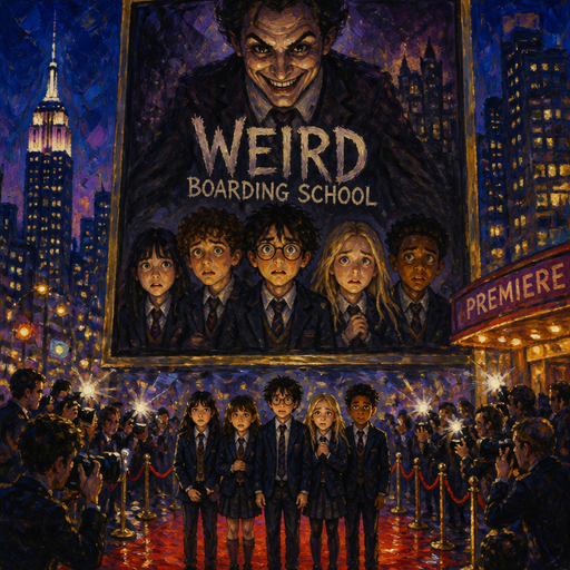 give me kids at a movie premiere for their new show weird boarding school in the cover of the show is all of the five kids and their teacher is above them with a grinning smile and the kids look scared and there’s people around them taking photos with a city night view