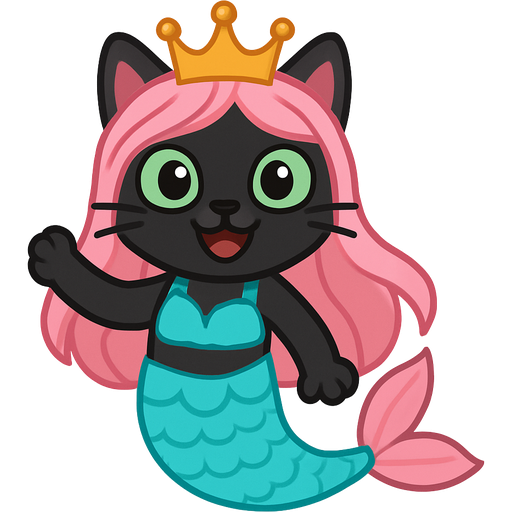 black cat pink long hair crown green eyes very long cyan and white mermaid tail with pink fins swimsuit cyan spongebob squarepants style cartoon style emoji, fun expressive character