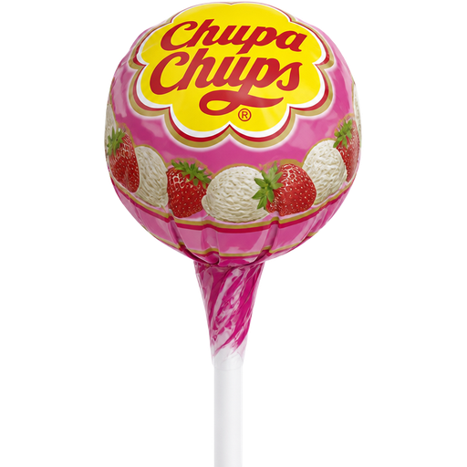 Chupa Chups Strawberry & Cream with Printing of Strawberries and Vanilla Ice Cream Going Across The Bottom Of The Lollipop