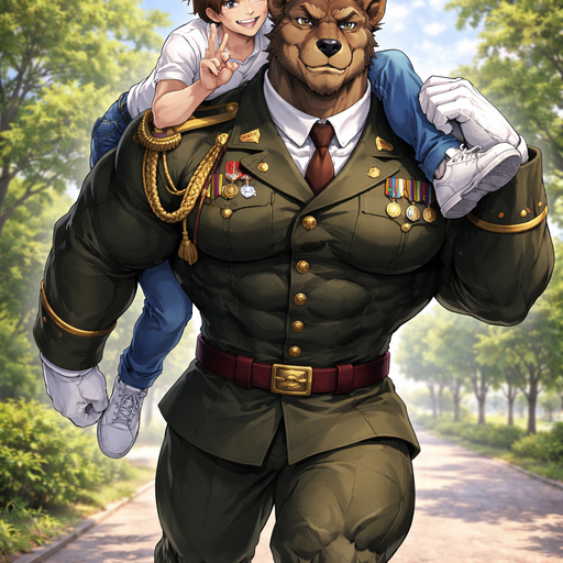 A Full BODY and FACE of a Muscular and Buff and a Gigantically Muscular with Chunky Gigantic Pecs AND biceps and a BIGGER head with the Perfect Waist. VERY Masculine and handsome Anime Bara Furry Grizzly Bear with a Very Good-looking and Mature Face and brown eyes with a wrestler type body. Dressed in a normal sized Military genaral Uniorm. With his Human Boyfriend wearing a white shirt and jeans. Carryimg him on his Shoulderd. At a Park, Walking. Posing for A picture.