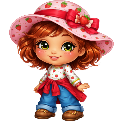 Strawberry Shortcake With a Medium Buff Skin Tone With Upturned Eyes, Wispy Eyelashes and Soft angled Eyebrows With a Pink Sunhat with Red Strawberries all over it and a Red Ribbon across it with a Strawberry in the Green, Pink and White Bow With a Copper Red Short Curly Hair Tone Wearing a Long Sleeve Red, Pink, White and Green Shirt with Baggy Blue Jeans with a Red Jacket Tied Behind Her Waist wearing Closed Toed Brown Buckle Up Shoes