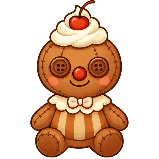 A cute root beer float themed clown voodoo doll with whipped cream and a maraschino cherry with cute matching button eyes and bright root beer brown stitching with the cutest outfit that looks like a root beer float