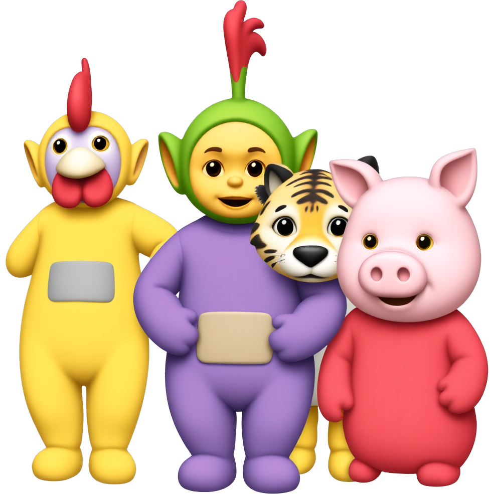 Yellow teletubby with a rooster head, purple teletubby with a rooster head, green teletubby with a tiger head, red teletubby with a pig head