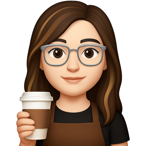 pale skin longish dark brown hair blonde honey highlights barista girl brown eyes scoval silver glasses