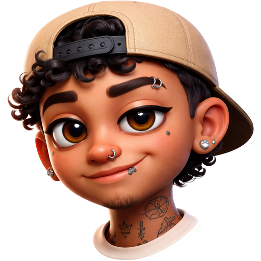 Urban emoji light brown, backwards baseball cap with black medium curly hair showing under , tattoos, piercings (nose, ears, brow), sly smile