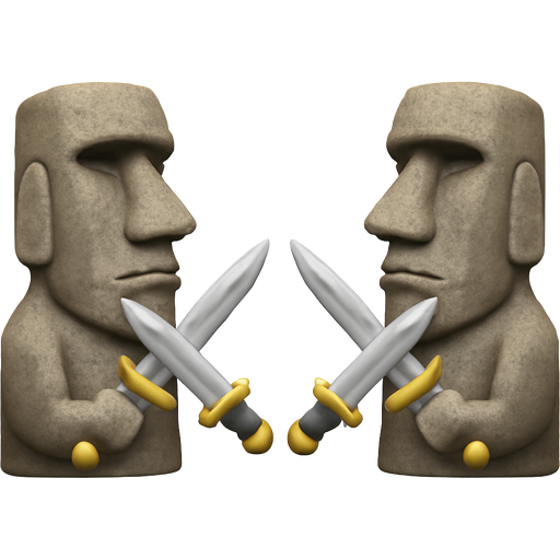 official Apple Moai stone statue holding two daggers towards another Moai stone statue holding two daggers
