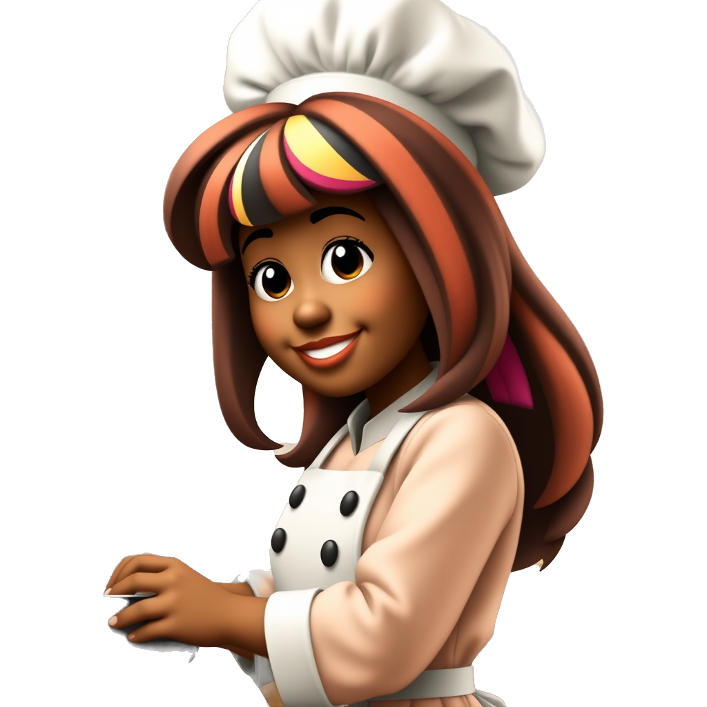 "Brown chef girl with a colorful wig, cooking in a cozy kitchen, warm lighting, vibrant colors, playful vibe."