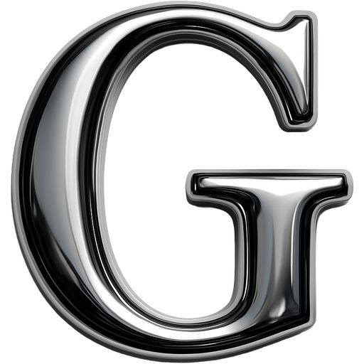 High shine chrome Capital G in serif font. Strong top left light source, medium pillow inflation, high contrast reflection, soft bevel fully rounded