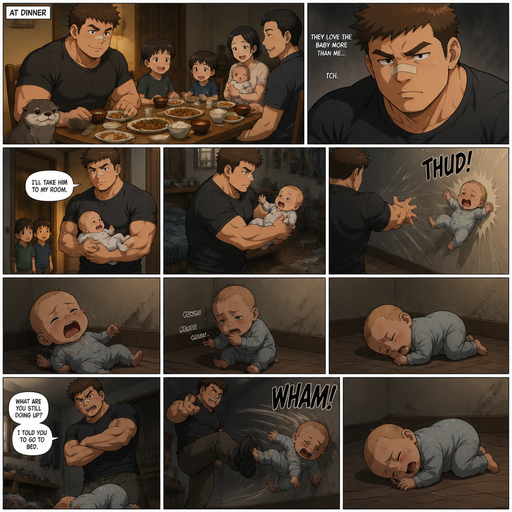 A REALISTIC and shows injuries ANIME LONG ANIME COMIC BOOK story view of a Bulky but Muscular ANIME Cute Bara Man With Peach toned skin Who looks Normal aind round facial Structure and Basic facial structure With Puffy and Big Pecs that are visible through the shirt and Biceps and Bandaid on his nose and Brown short hair that makes them look tough. Wearing normal With his pet Grown and healthy realistic otter and 2 little brothers that are in different ages but young. But didn‘t like the baby, but At the dinner table the baby was loved by the family. so the little baby is taken to his room alone so he picks the little baby and takes him to his room alone and the baby brother fly’s to the wall from him and cries but is to weak and blind to see he isn’t loved by the brother and the baby brother sits up coughing.and later the baby is laying in the same spot and he scolds the baby for not going to bed the baby flies to the floor and lays there and Can’t.